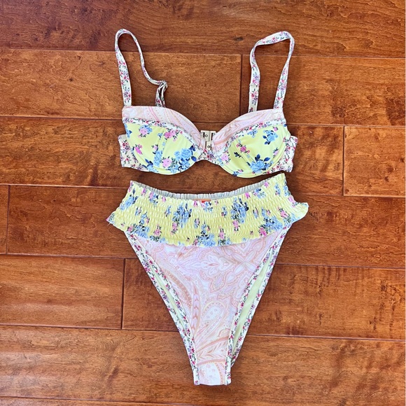 Asos Yellow Floral Nude Pink Paisley High Waist Underwire Bikini Set Sz 4 - Picture 6 of 12